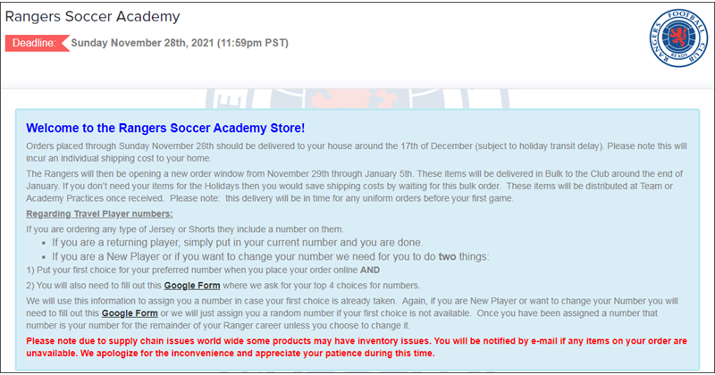 Rangers Soccer Academy Store!